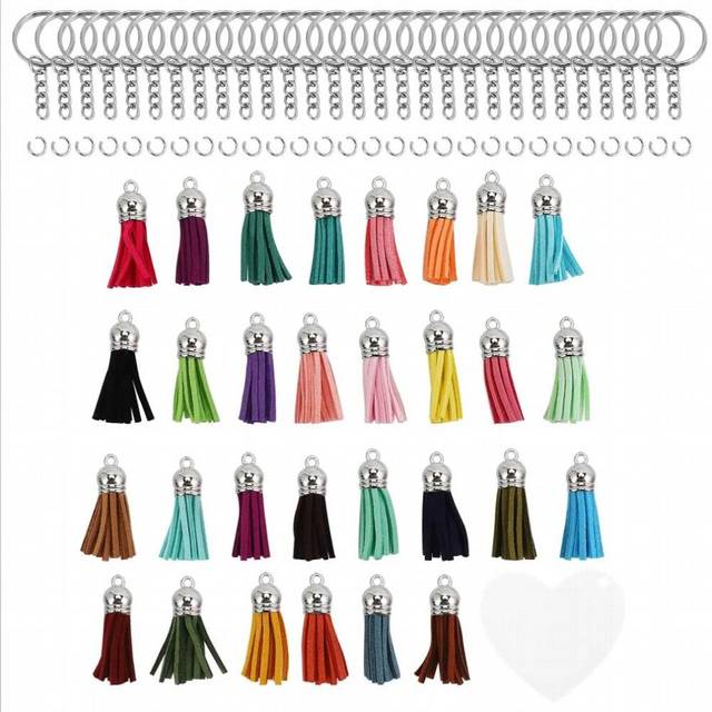 90Pcs Acrylic Discs Clear Heart Keychain Blanks Charms and Colourful Tassel Key Rings for DIY Crafts Jewelry Making