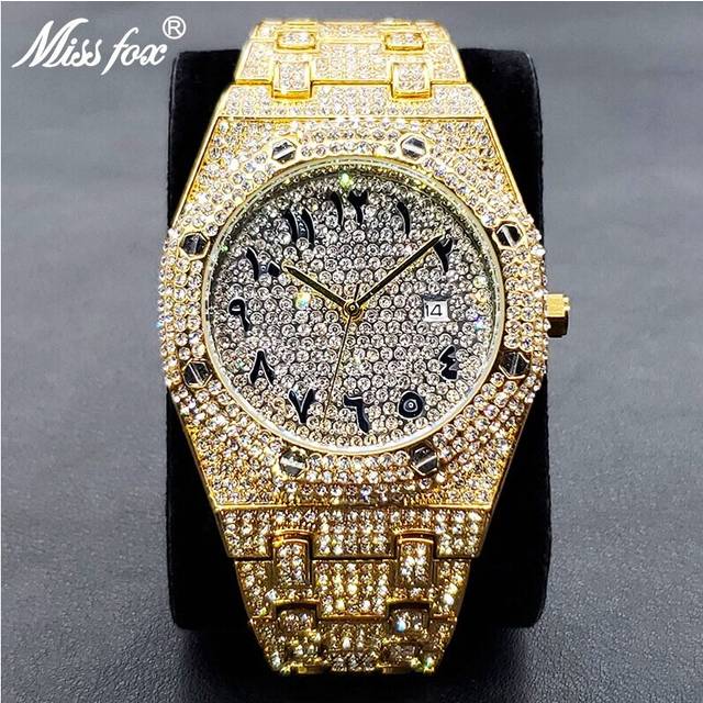 (V301Q-Gold) Luxury Full Diamond Watches For Men Top Brand Hip Hop Iced Out Arab Number