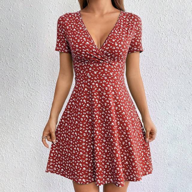 SHEIN Women Spring/Summer Elegant Wrap Heart Polka Dot Print V-Neck Short Sleeve Dress