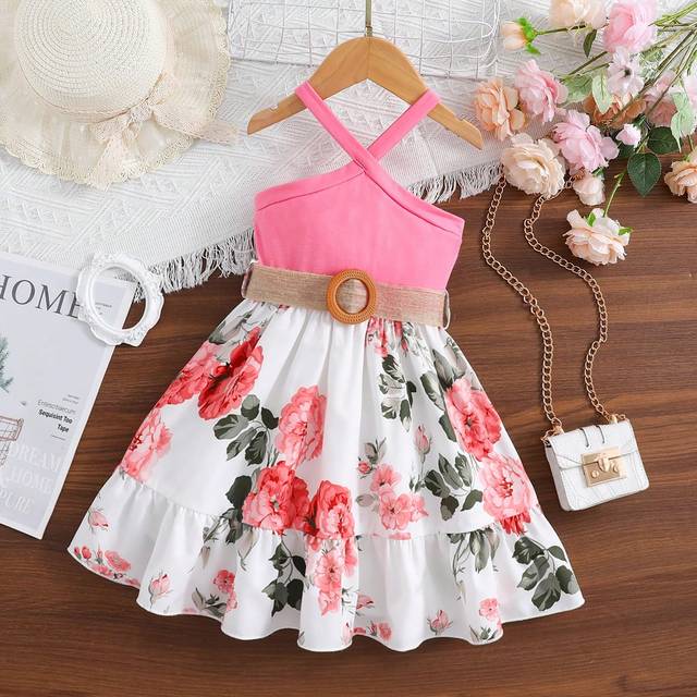 SHEIN Young Girl Floral Print Halter Vacation Style Dress