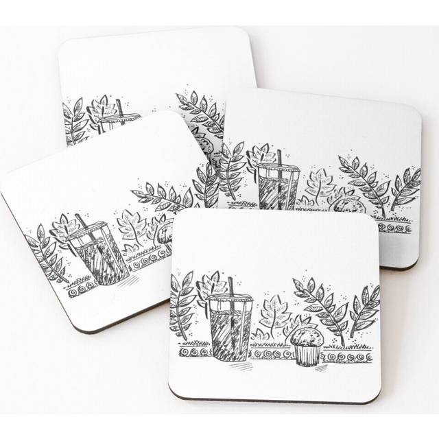 Leather Coasters Coffee Shop with Drink and Muffin Set of 4 / 4 x 4 inch