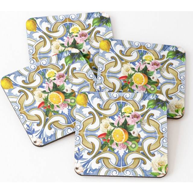 Leather Coasters Sicilian tiles,mediterranean,mosaic,lemons, Set of 4 / 4 x 4 inch