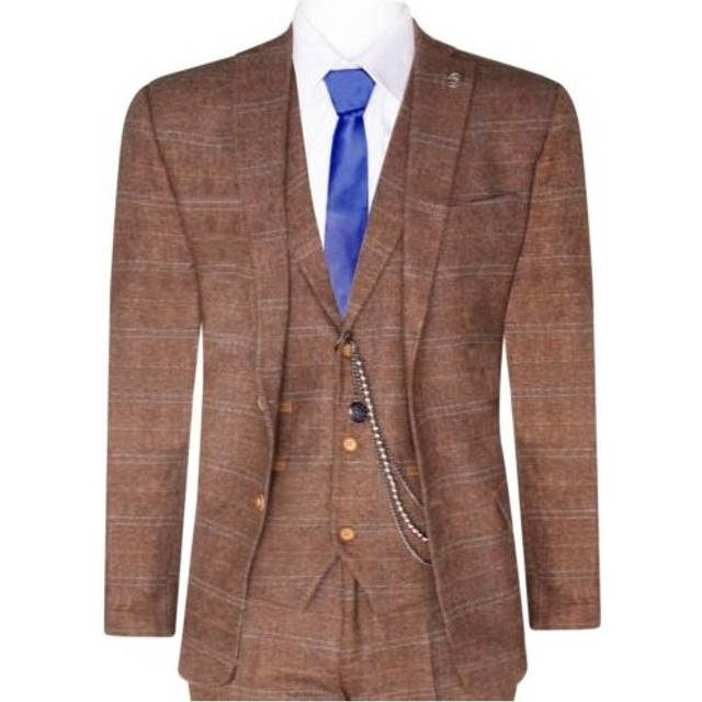 TruClothing Mens 3 Piece Wool Suit Oak Brown Tweed Herringbone Check Peaky Blinders Gatsby Canvas - Size 36 (Chest)