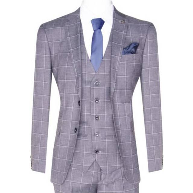 Paul Andrew Mens Grey Suit 3 Piece Check Vintage Retro Smart Wedding Classic Tailored Fit - Size 48 (Chest)