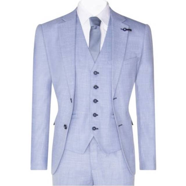 Infinity Leather Mens 3 Piece Linen Suit Light Blue Summer Tailored Fit Wedding Prom Classic - Size 52 (Chest)