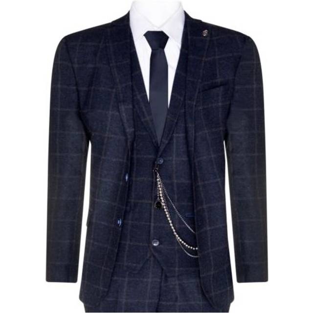 Mens 3 piece wool suit navy blue tweed check peaky blinders 1920 gatsby formal
