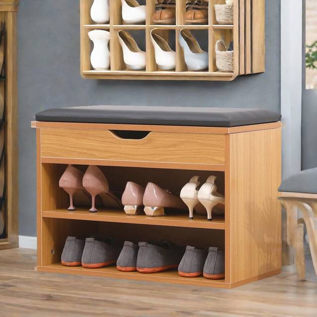 Borough Wharf 60cm Oak Wooden Shoe Rack Bench with Cushion Shoe Organiser Storage Shelves Lift Top Natural Wood 6