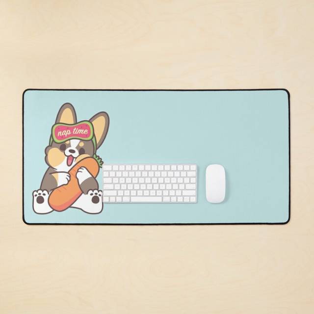 Desk Mat Nap Time Tricoloured Corgi with Carrot Pillow Bolster (Mochi Version) Large Gaming Mouse Pad 35x16 inch