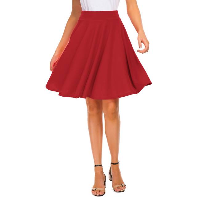 EXcHIc Womens casual Stretchy Flared Mini Skater Skirt Basic A-Line Pleated Midi Skirt (S, Red)