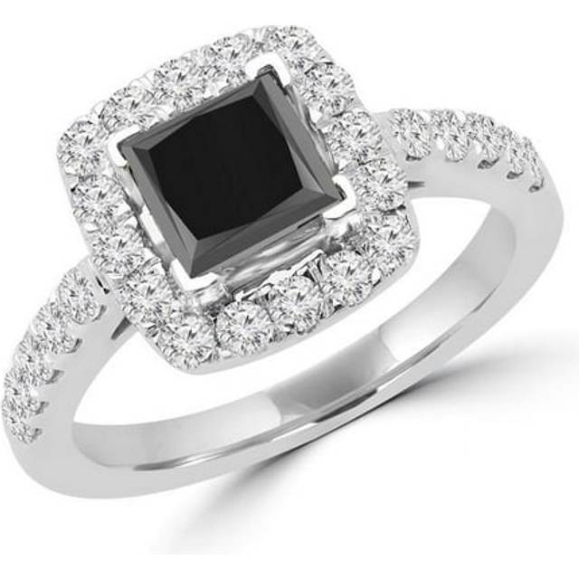 Majesty Diamonds MD160362-6.5 1.88 CTW Princess Cut Black & White Diamond Halo Engagement Ring in 14K White Gold, Size 6.5
