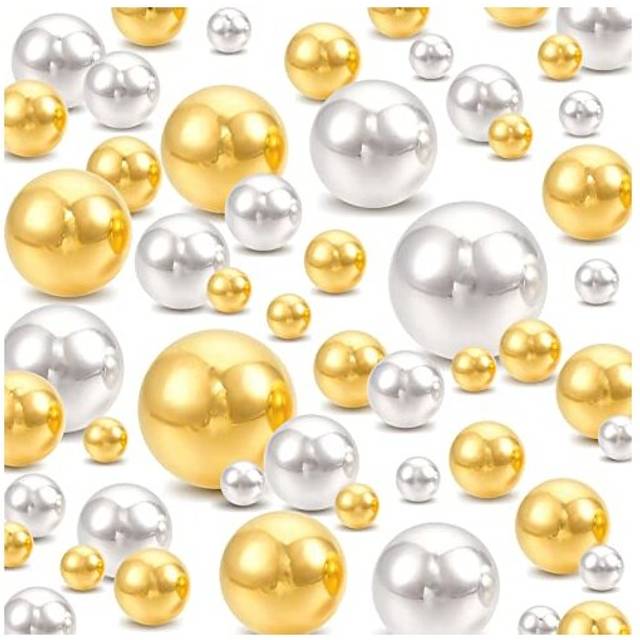 1400pcs No Hole Round Pearls, 6 Size ABS Undrilled Acrylic Beads Gold Silver Gloss Loose Beads for Vase Filler Craft Making Home Christmas Party
