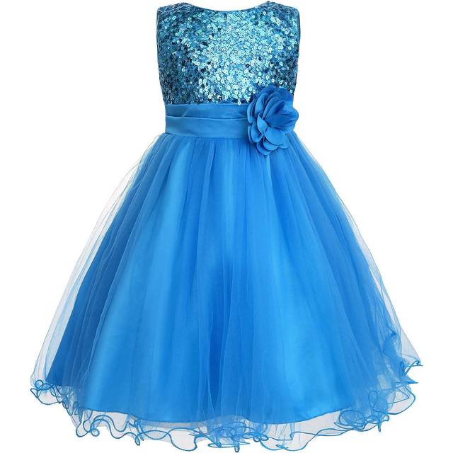 JerrisApparel Little Girls' Sequin Mesh Flower Ball Gown Party Dress Tulle Prom (4T, Blue)
