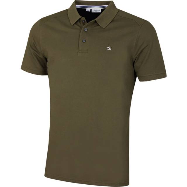 (M, Olive Green) Calvin Klein Mens Campus 3 Button Ribbed Collar Golf Polo Shirt