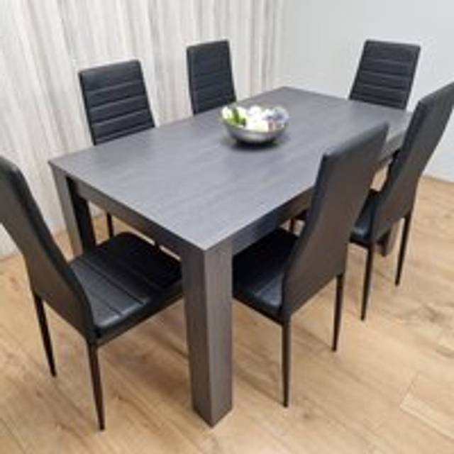 Portland 6 Seater Leather Dining Set Dark Grey and Black
