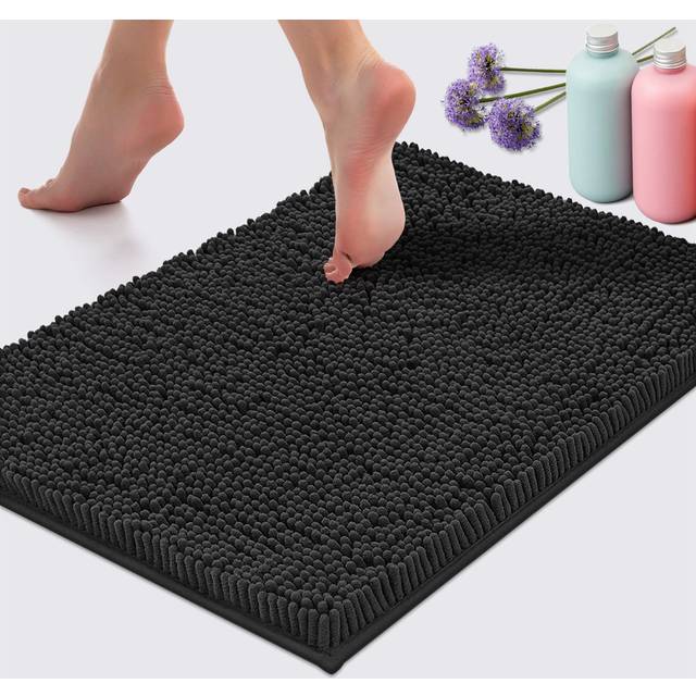 LuxUrux Black Bathroom Rug  Non-Slip Bath Mat 24 ' ' x 17 ' ' Machine-Washable Bath Mats with Water Absorbent Soft Microfibers Chenille Plush Bath Rug