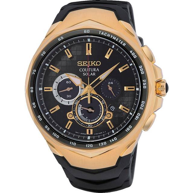 Seiko Men's Coutura Solar Chronograph Gold Feature Dial Black Silicone Strap Watch