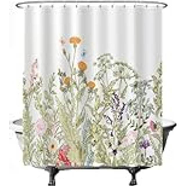 Ulticool duschdraperi – naturliga blommor, retro, vintage – 180 x 200 cm – tvättbar – anti-mögel – vattentät – med 12 ringar – grön, vit