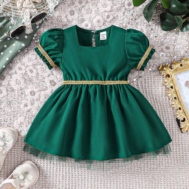 Småbarn Flickor Vintage Olivgrön Mellanöstern Ramadan Puff Sleeve Mesh Klänning med gyllene trim - Mörk Grön (6-9M,9-12M,12-18M,18-24M,2-3Y)