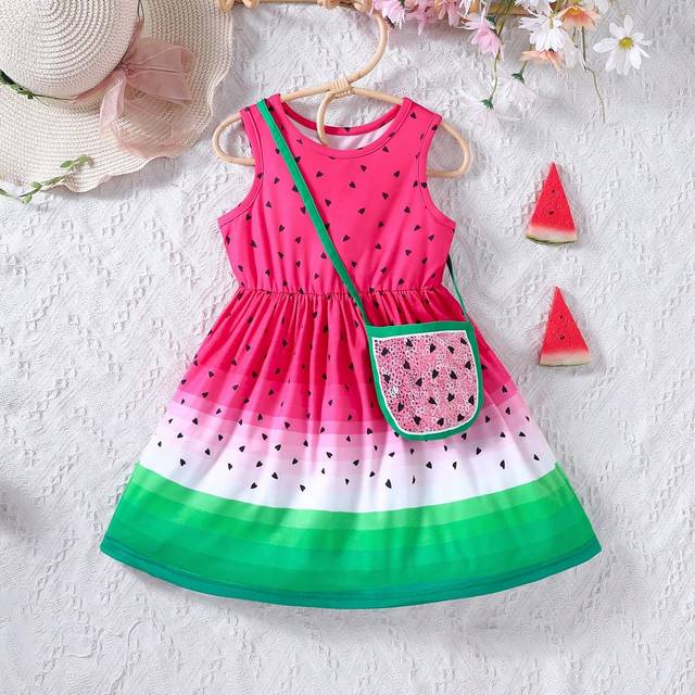 SHEIN Young Girl Cute Gradient Watermelon Printed Dress With Matching Bag