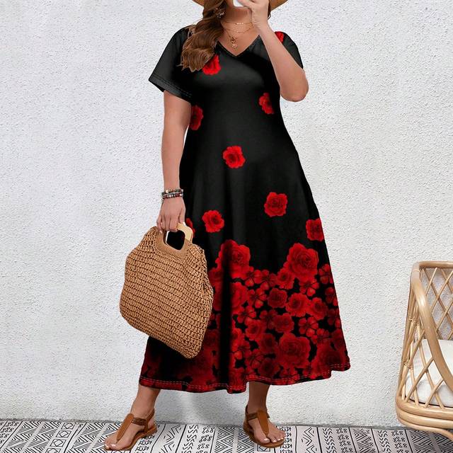 EMERY ROSE Plus Size Women Valentine&#39;s Day Rose Floral Print Short Sleeve Long Slim-Fit Dress, Summer