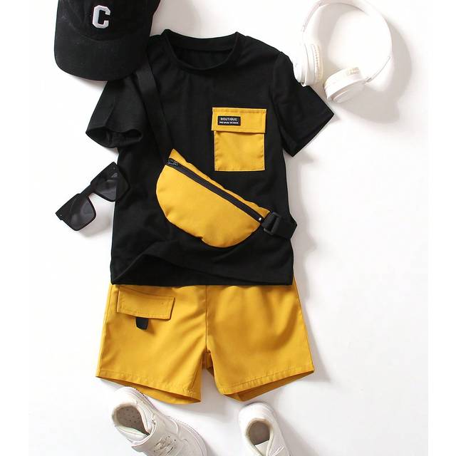 SHEIN Young Boy 3pcs/Set T-Shirt, Shorts And Bag Outfits For Casual, Cute, Sports, Fashionable Street Look In Spring And Summer