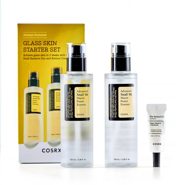 COSRX Glass Skin Starter Set  Amazon Exclusive  Advanced Snail 96% Mucin Power Essence & Retinol 0.1% Cream Mini Sample  Daily Hydrating & Firmin