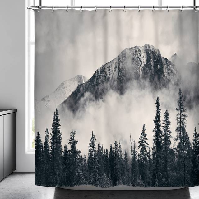 Riyidecor Misty Shower Curtain Bathroom Set 72Wx72H Inch Foggy Smokey Mountain Cool Rustic Nature Scenery View for Men White Black Tree Bathtub Woodla