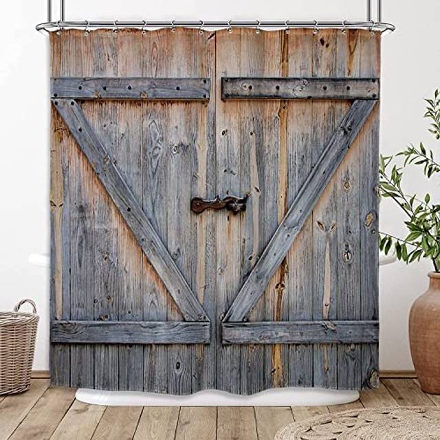 Riyidecor Rustic Barn Door Shower Curtain Farmhouse Wooden Wood Vintage Plank Country Decor Fabric Polyester Waterproof 72Wx72H Inch 12 Pack Metal?Hoo