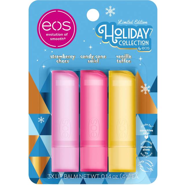 eos Holiday Lip Balm Gift- Strawberry Cheer  Candy Cane Swirl & Vanilla Toffee  Stocking Stuffers  All-Day Moisture Lip Care  0.14 oz  3 Count