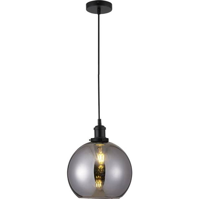 Vintage Smoked Glass Globe Pendant With Matt Black Textile Wire Suspension, Ceiling Rose And Matching Metal Bulbholder Set (25cm H X 25cm W X 25cm D)