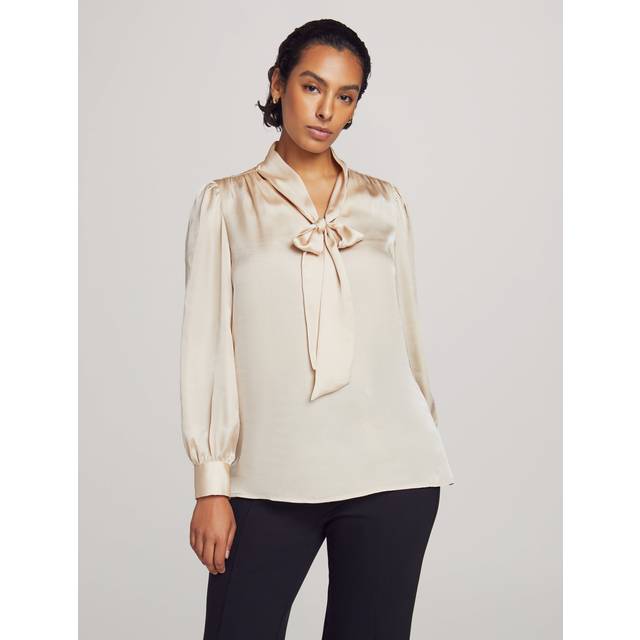 Anne Klein Women's Petite Long Sleeve Tie Neck Blouse with Cuff in Crema size PM