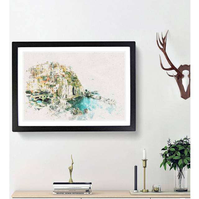 Manarola in Italy Watercolour - Picture Frame Graphic Art Print - Black Framed (45cm H x 63cm W x 2cm D)
