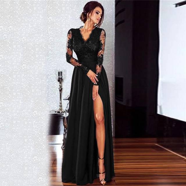 Sexy Women Lace Maxi Dress Deep V Neck Long Sleeve Side Split Slim Party Formal Long Dress Black M black