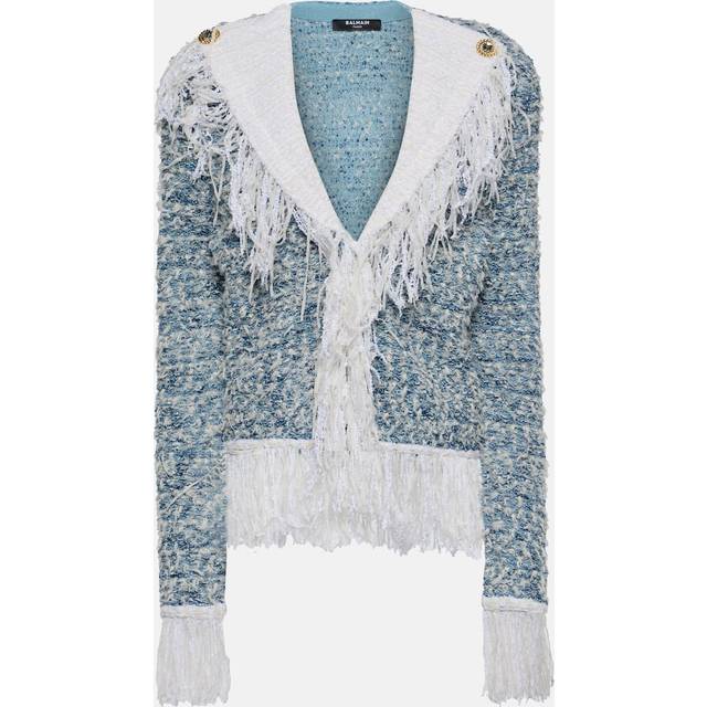 Balmain, Tweed Jackets, female, Blue, XS, Fringed denim tweed jacket