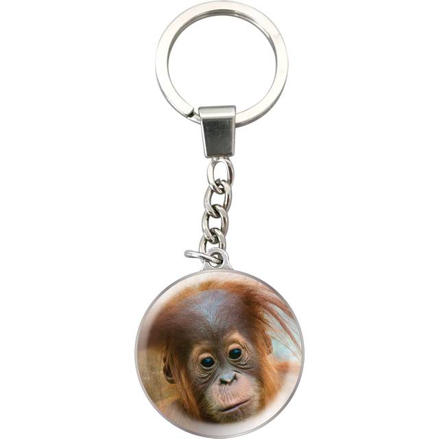 Magnidome Keychains - Orangutan from Crystal Glass Key Ring Charm. Domed shaped Monkey picture keyring with a stainless steel chain