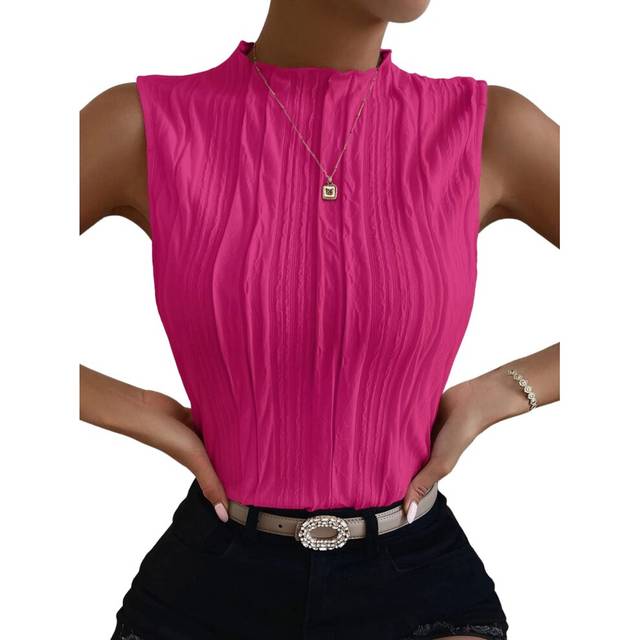 Verdusa Women's Sleeveless Mock Neck Textured Tank Top Hot Pink S