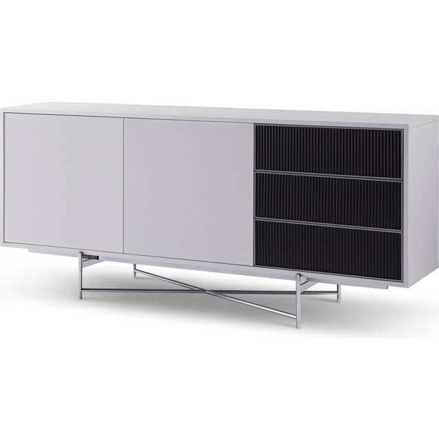 Large Buffet Sideboard - Grey With Dark Chrome Base & Grey Doors & Fluted Glass Drawers - White (78.4cm H X 179.9cm W X 43.4cm D)