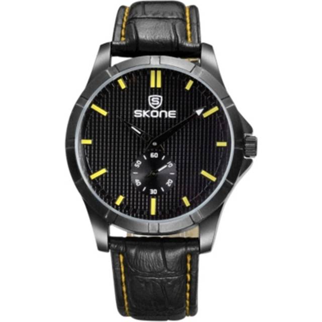Round Dial 3D Grain Face with Small Second Dial Fashion Men Quartz Watch with PU Leather Band (Black + Yellow)