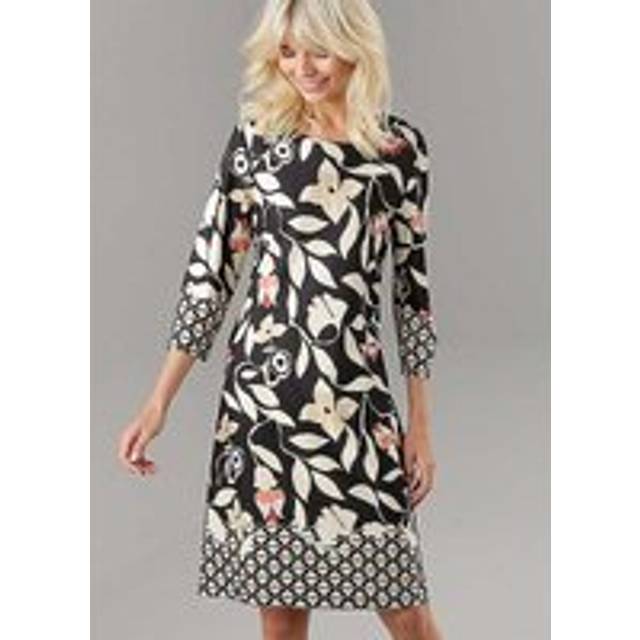 Aniston Leaf Print Three-Quarter Length Sleeve Dress - Black Print