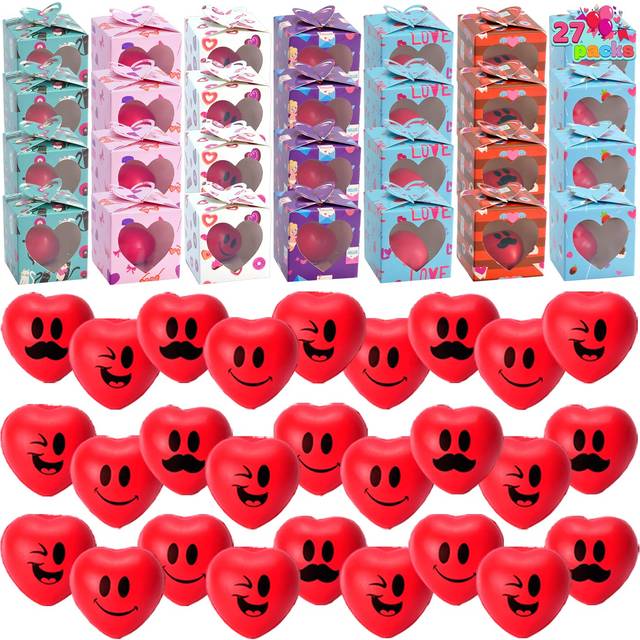 JOYIN 28 Packs Valentine Heart Stress Balls Smile Face Squeeze Toys with Valentine Themed Gift Box  Face Foam Stress Relief Balls for Valentine Party
