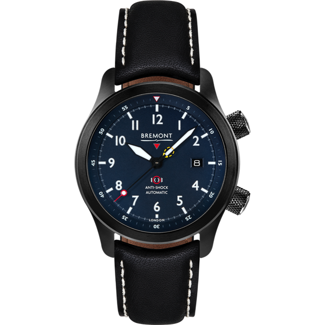 Bremont Watch MBII Custom DLC Blue Dial with Titanium Barrel & Closed Case Back - Black with White Stitch Leather Deployment Clasp