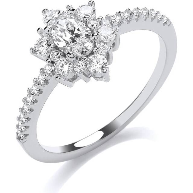 Jewelco London Ladies Rhodium Plated Sterling Silver Oval CZ Shoulder Set Flower Cluster Engagement Ring - GVR919