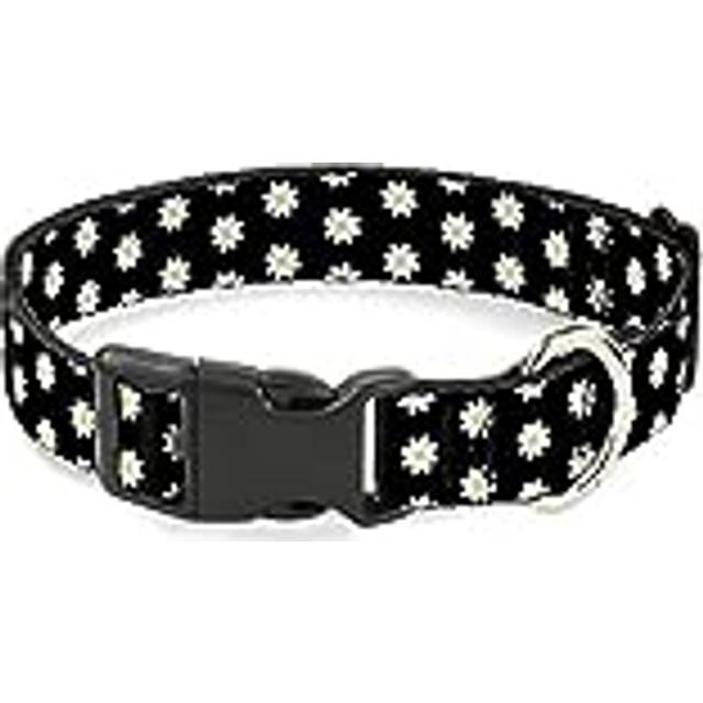 Dog Collar Plastic Clip Daisies Scattered Black White Yellow 9 to 15 Inches 1.0 Inch Wide