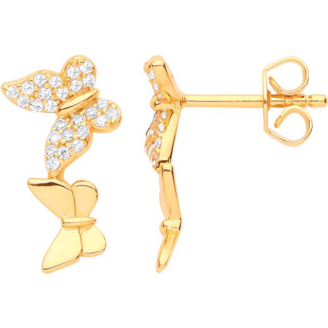 Jewelco London Ladies Gold-Plated Sterling Silver CZ Fluttering Butterflies Pave Drop Earrings - EAG1097