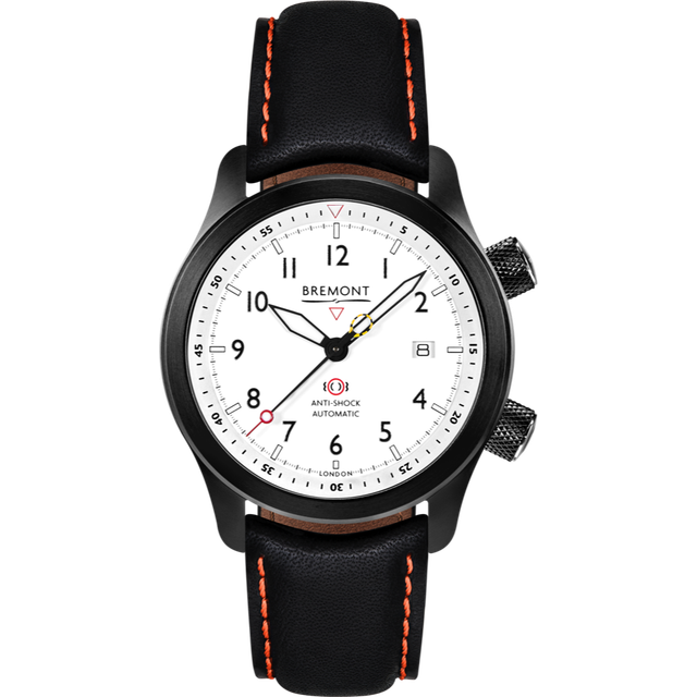 Bremont Watch MBII Custom DLC White Dial with Titanium Barrel & Closed Case Back - Black with Orange Stitch Leather Deployment Clasp
