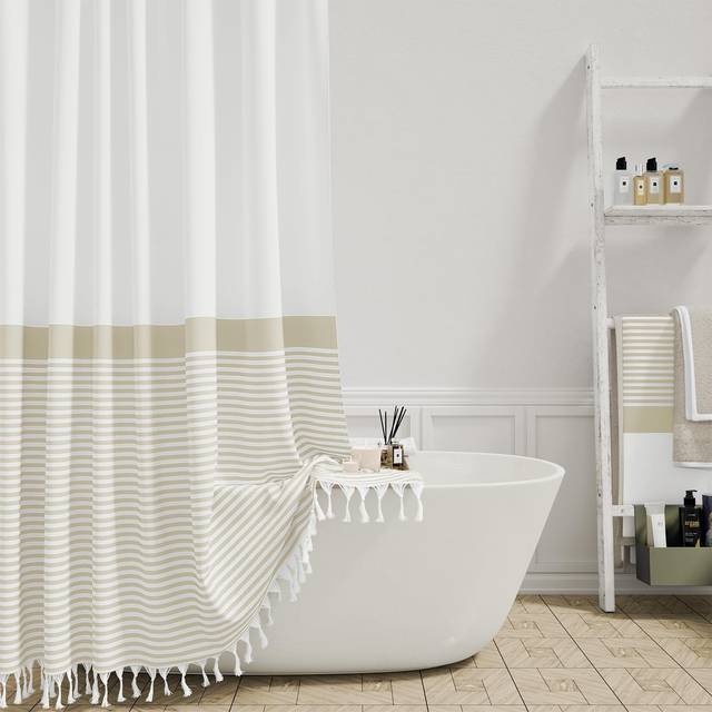 Dynamene Cream Fabric Shower Curtain, Farmhouse Boho Striped Tassel Shower Curtains for Bathroom, Bohemian Textured Cloth Shower Curtain Set with Hook