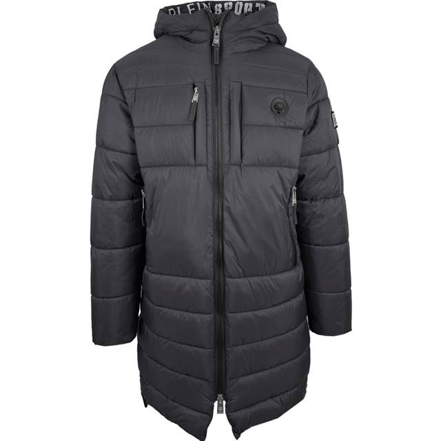 Men's Plein Sport Padded Small Circular Logo Branded Grey Long Jacket - Black - Size: 40/Regular