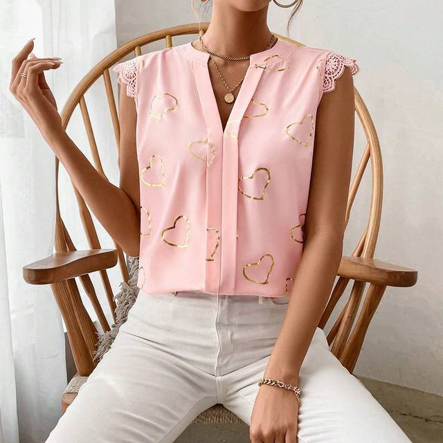 Guld Hjärta Tryckt Notch Nacklinje Blusar Med Spets Detaljering - Rosa (L,M,S,XL)