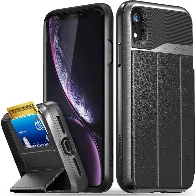 VENA iPhone XR plånboksfodral, vCommute (droppskydd av militärkvalitet) flip läderfodral kortplats hållare med stativ, designad för Apple iPhone XR (6,1 tum) – rymdgrå