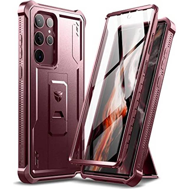 Dexnor Kompatibel med Samsung Galaxy S22 Ultra 5G fodral med inbyggt skärmskydd militärklass 360 helkropp stöttåligt stötfångarskydd med stativ – Röd
